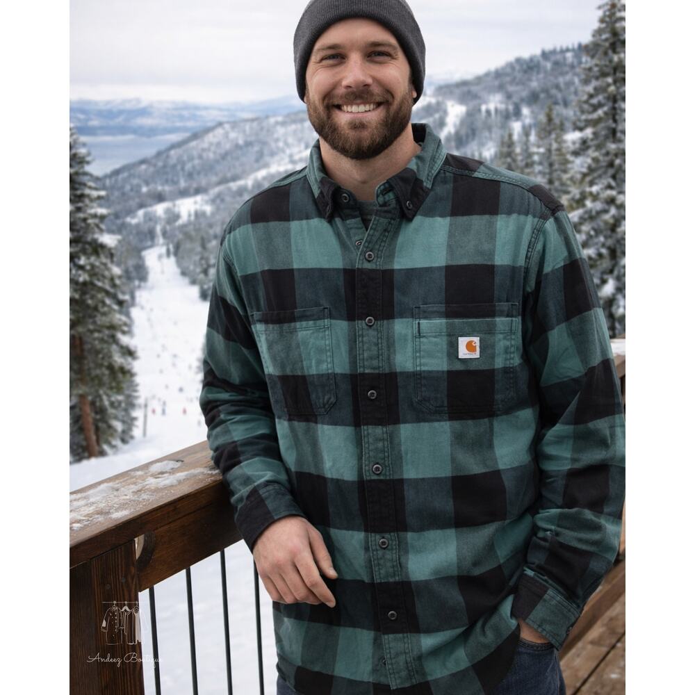 Men's Carhartt Rugged Flex Green and Black Buffalo Plaid Button-Up Shirt Size XL